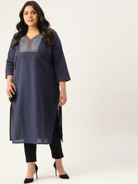 

Sztori Women Plus Size Navy Blue Pure Cotton Yoke Design Straight Kurta