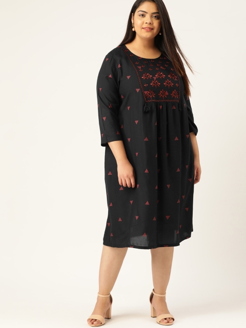 

Sztori Women Plus Size Black & Maroon Printed Ecovero A-Line Dress