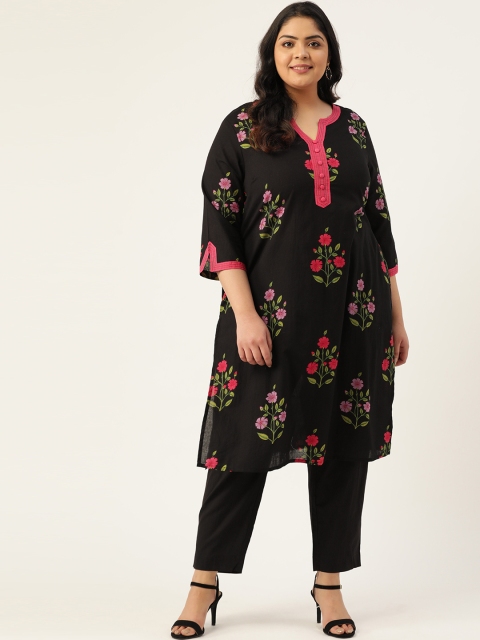 

Sztori Women Plus Size Black & Pink Pure Cotton Ethnic Motifs Printed Straight Kurta