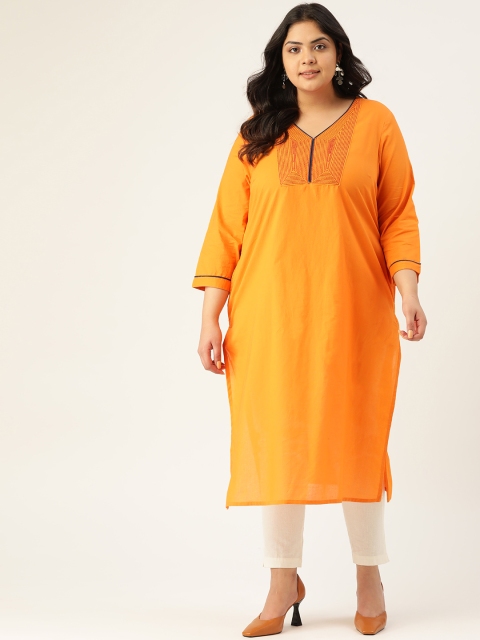 

Sztori Women Plus Size Yellow Pure Cotton Yoke Design Straight Kurta