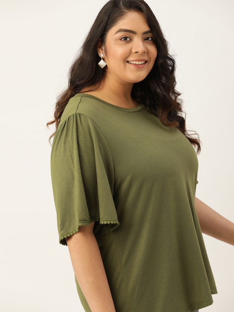 

Sztori Plus Size Olive Green Flutter Sleeve Regular Top
