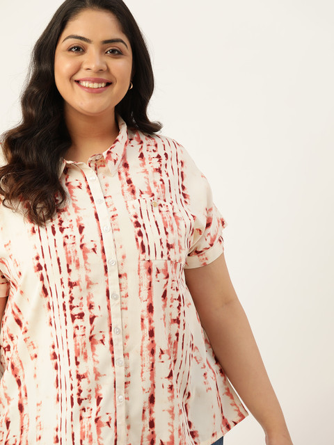 

Sztori Women Plus Size Off-White & Burgundy Regular Fit Dyed Pattern Casual Shirt