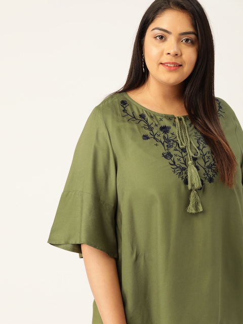 

Sztori Women Plus Size Olive Green & Navy Blue Eco-Vero Embroidered Tie-Up Neck Top