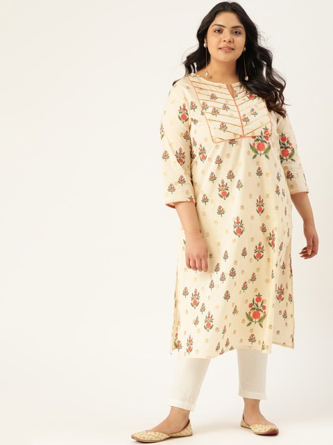 

Sztori Women Plus Size Off-White & Coral Pink Pure Cotton Floral Print Straight Kurta, Cream