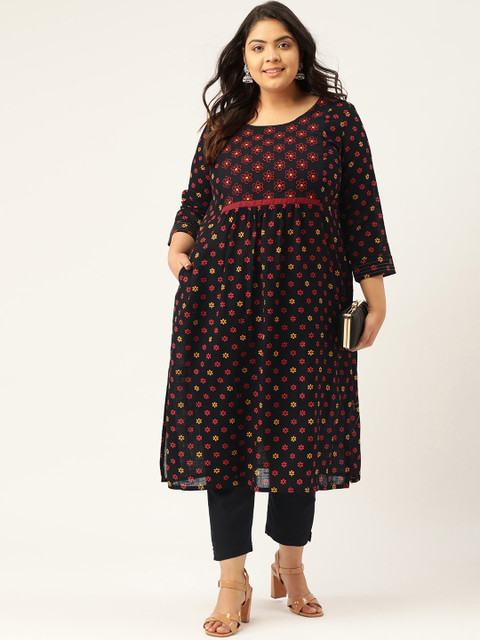 

Sztori Women Plus Size Black & Red Pure Cotton Printed Kurta with Trousers