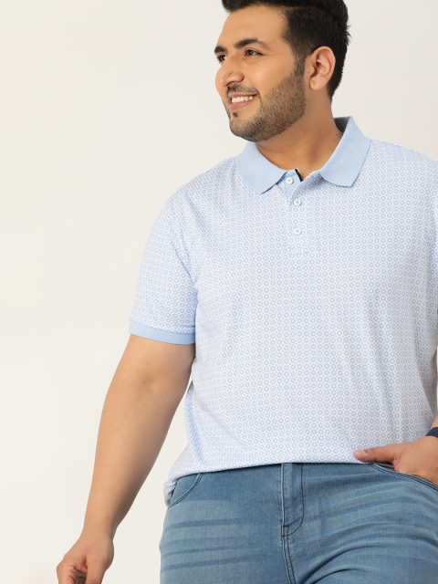 

Sztori Men Plus Size Blue & White Pure Cotton Printed Polo Collar T-shirt