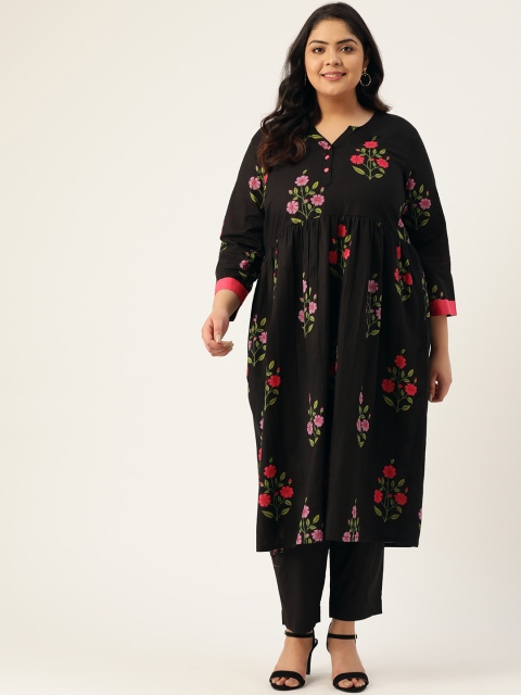 

Sztori Women Plus Size Black & Pink Pure Cotton Floral Printed Kurta with Trousers