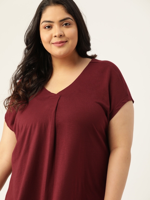 

Sztori Women Plus Size Maroon Solid Pleated Regular Top
