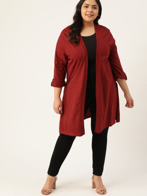 

Sztori Women Plus Size Maroon Pure Cotton Solid Longline Open Front Shrug