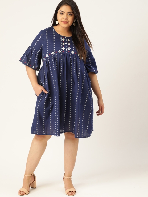 

Sztori Women Plus Size Navy Blue & White Pure Cotton Striped Empire Dress