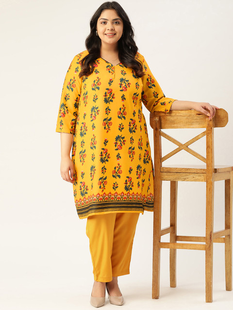 

Sztori Women Plus Size Mustard Yellow And Green Floral Printed Kurta with Trouser