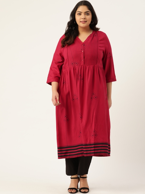 

Sztori Women Plus Size Maroon & Black Printed Thread Work Kurta