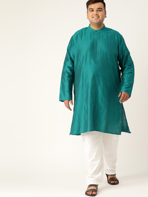 

Sztori Men Plus Size Teal Blue Pintucks Detail Straight Kurta