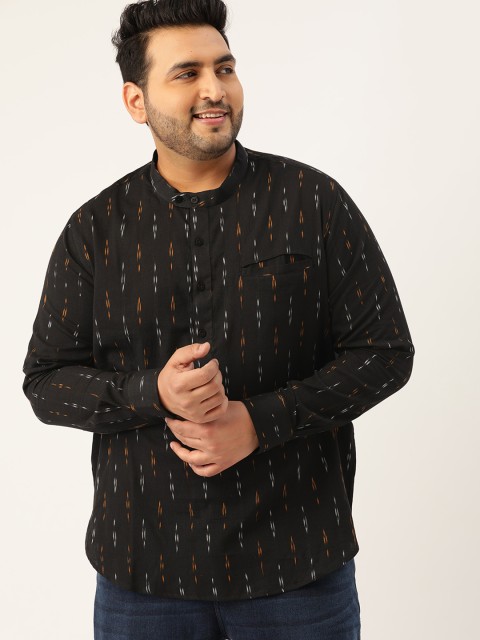 

Sztori Men Plus Size Black & White Ikkat Printed Kurta