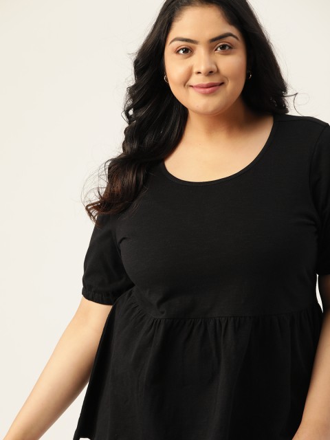 

Sztori Women Plus Size Black Pure Cotton Cuffed Sleeves A-line Top