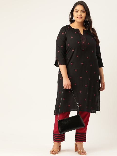 

Sztori Women Plus Size EcoVero Black & Maroon Printed Kurta with Trousers