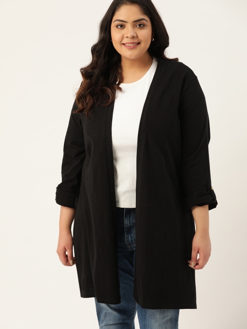 

Sztori Women Plus Size Black Pure Cotton Solid Longline Open Front Shrug
