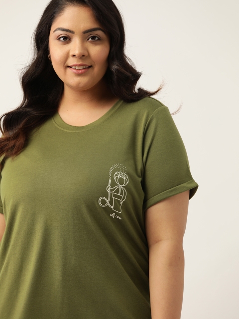 

Sztori Women Plus Size Olive Green Solid Round Neck T-shirt
