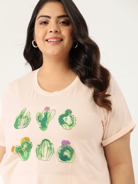 

Sztori Women Plus Size Peach-Coloured & Green Printed Round Neck T-shirt