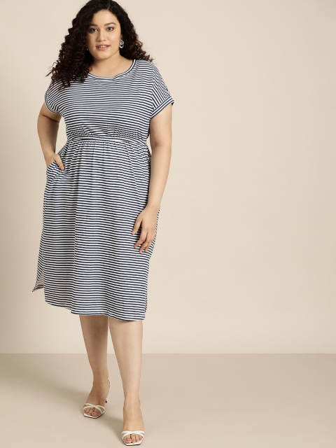 

Sztori Plus Size Navy Blue & White Striped Midi Pure Cotton A-Line Dress