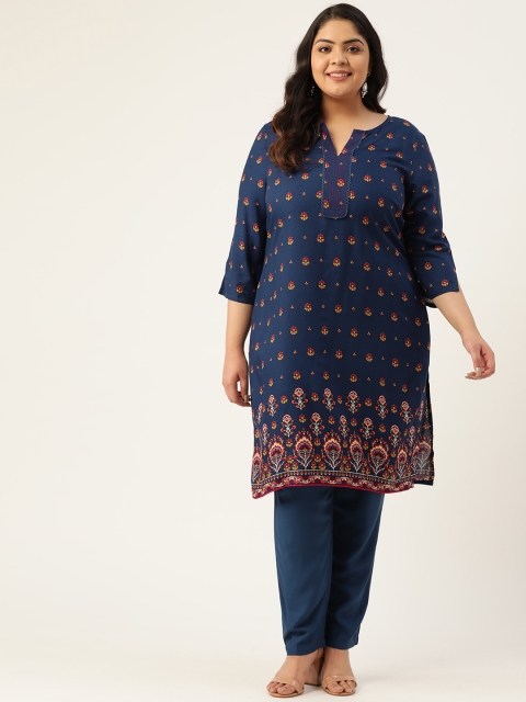 

Sztori Women Plus Size Navy Blue & Mustard Yellow Printed Kurta with Trousers