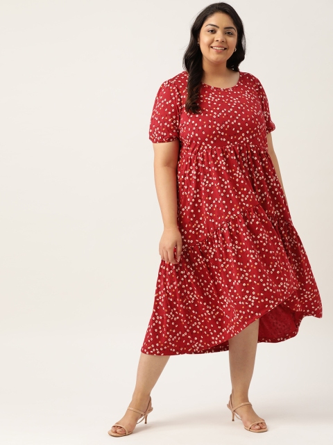 

Sztori Women Plus Size Red & White Printed A-Line Tiered Dress