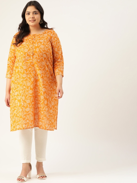 

Sztori Women Plus Size Mustard Yellow & Off-White Pure Cotton Floral Print Straight Kurta