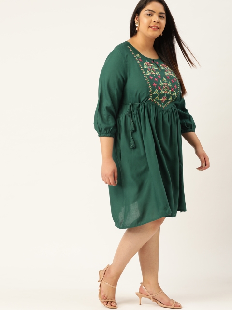 

Sztori Women Plus Size Green Yoke Embroidered Ecovero A-Line Midi Dress
