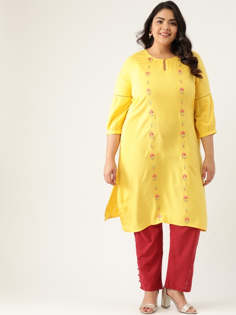

Sztori Women Plus Size Yellow & Pink EcoVero Embroidered Keyhole Neck Straight Kurta