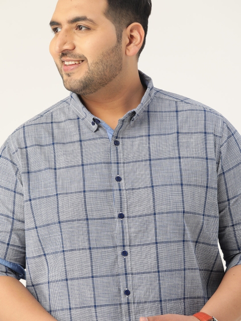

Sztori Men Plus Size Blue & White Pure Cotton Regular Fit Checked Pure Cotton Shirt