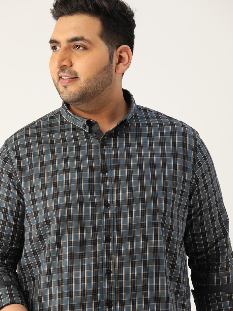 

Sztori Men Plus Size Teal Blue & Black Pure Cotton Regular Fit Checked Casual Shirt