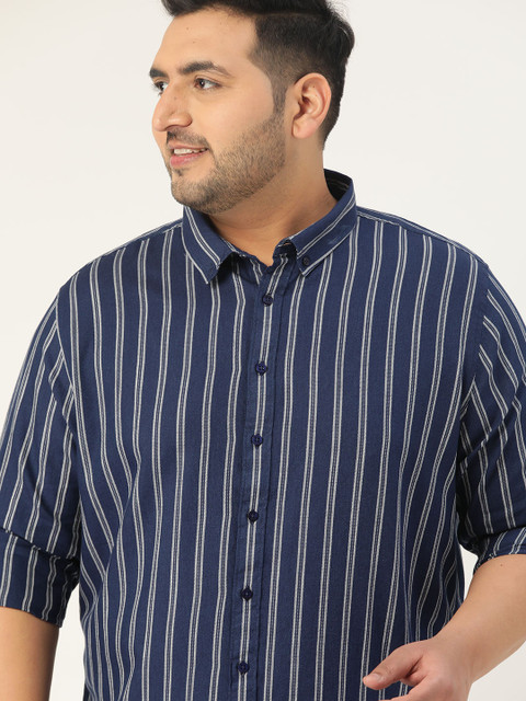 

Sztori Men Plus Size Navy Blue & White Regular Fit Striped Pure Cotton Casual Shirt