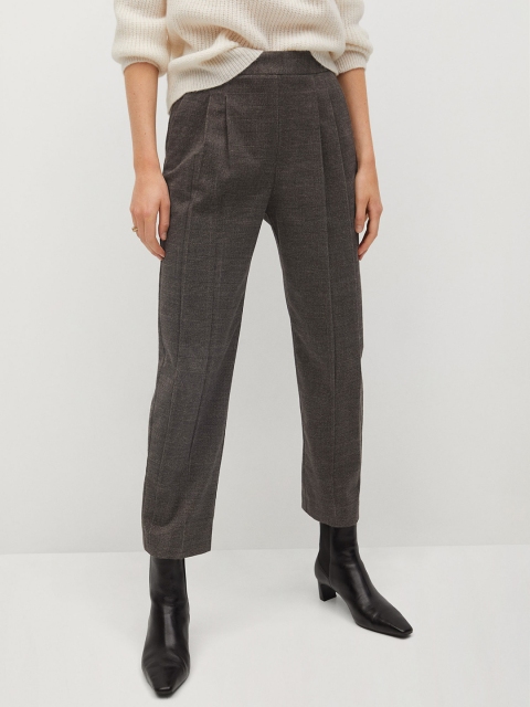 

MANGO Women Charcoal Grey & Beige Checked Regular Trousers