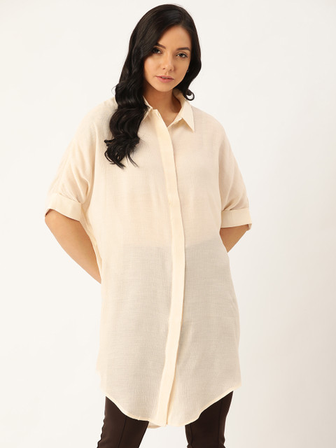 

MANGO Women Cream-Coloured Semi-Sheer Regular Fit Solid Casual Longline Shirt