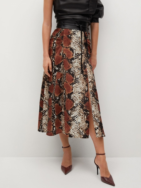 

MANGO Women Brown & Off-White Snakeskin Printed A-Line Midi Skirt