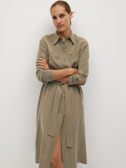 

MANGO Women Olive Green Solid Shirt Dress with Belt