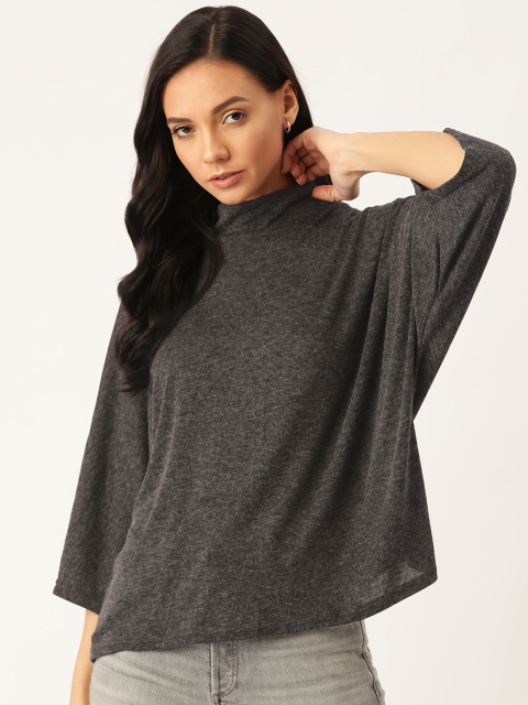 

MANGO Women Charcoal Grey Solid Boxy Sustainable Top With Batwing Sleeves