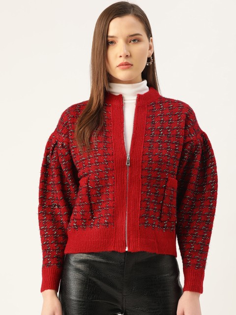 

MANGO Women Red & Black Houndstooth Patterned Cardigan Sweater