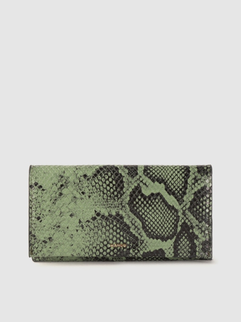 

MANGO Women Olive Green & Black Snakeskin Textured Two Fold Wallet with Detachable Flap