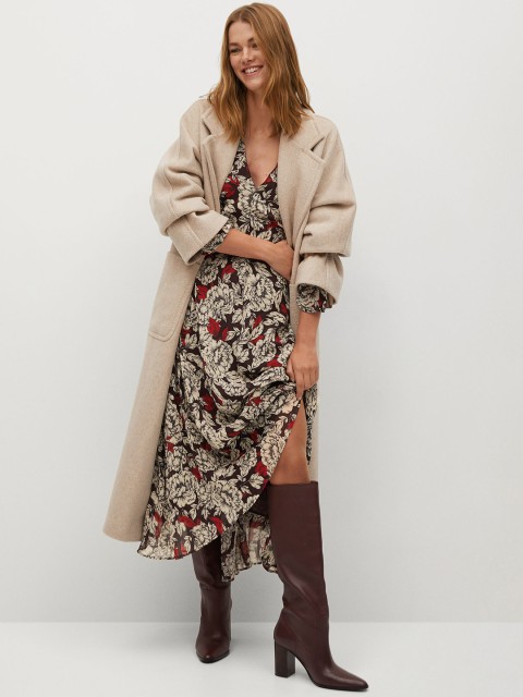 

MANGO Women Burgundy & Off-White Floral Printed Maxi Dress