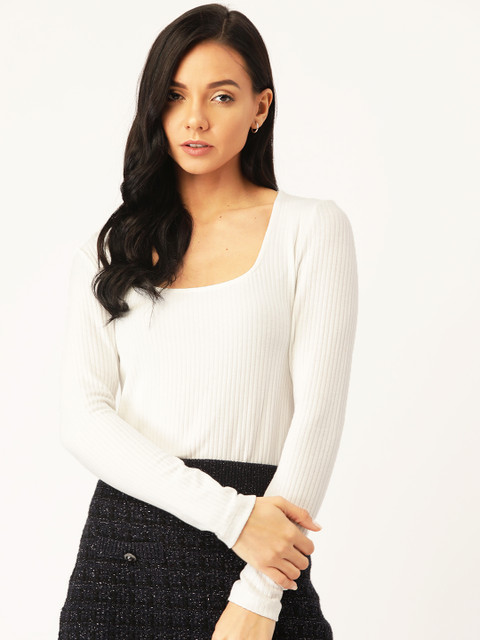 

MANGO Women White Solid Knitted Scoop Neck T-shirt