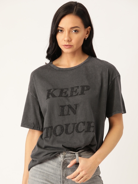 

MANGO Women Charcoal Grey Embellished Round Neck Sustainable T-shirt
