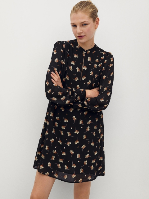 

MANGO Women Black & Cream-Coloured Floral Printed Sustainable A-Line Dress