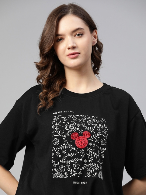 

Kook N Keech Disney Women Black Mickey Mouse Kalamkari Printed Drop-Shoulder Sleeves T-shirt