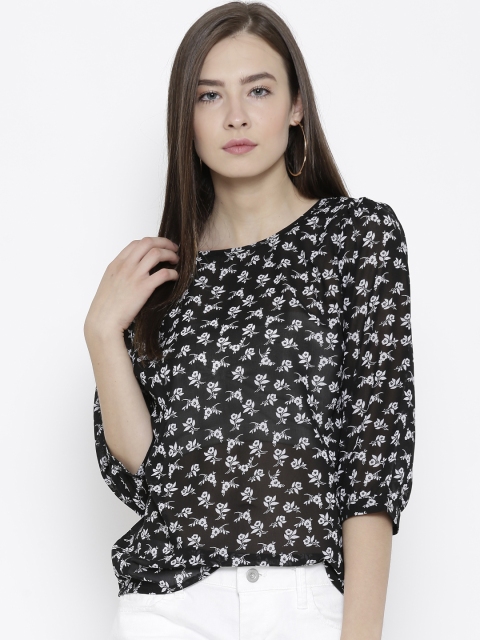 

Sera Black & White Floral Print Sheer Top