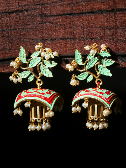 

OOMPH Green & Red Meenakari Enamel Floral Drop Earrings