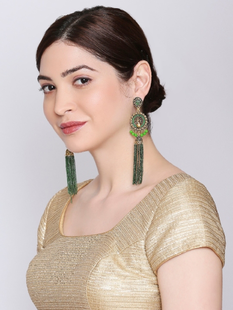 

OOMPH Green & Gold-Toned Peacock Shaped Drop Earrings