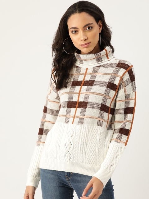 

Madame Women White & Brown Checked Turtle Neck Pullover Sweater