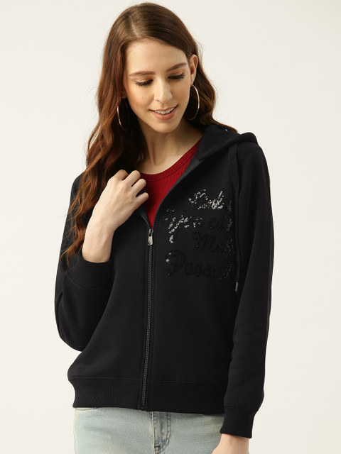 

Madame Women Black Sequinned Hooded Sweatshirt