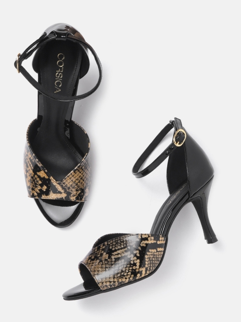 

CORSICA Women Black & Gold-Toned Snakeskin Print Handcrafted Slim Heels